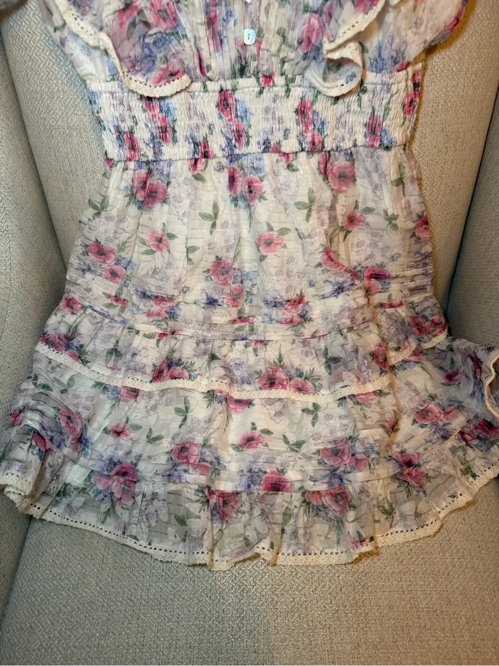 Floral Ruffled Smocked Waist Dress - Pink & Purple Floral - Picture 2 of 8
